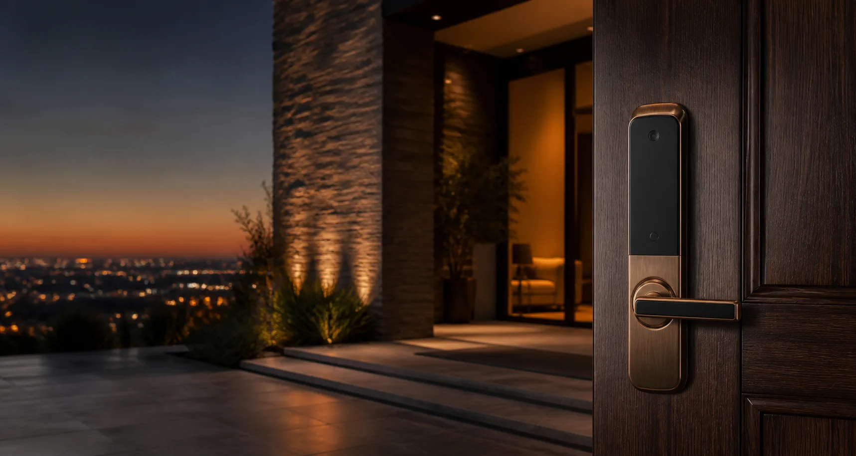 Bronze keyless smart lock at a luxury home entrance at dusk