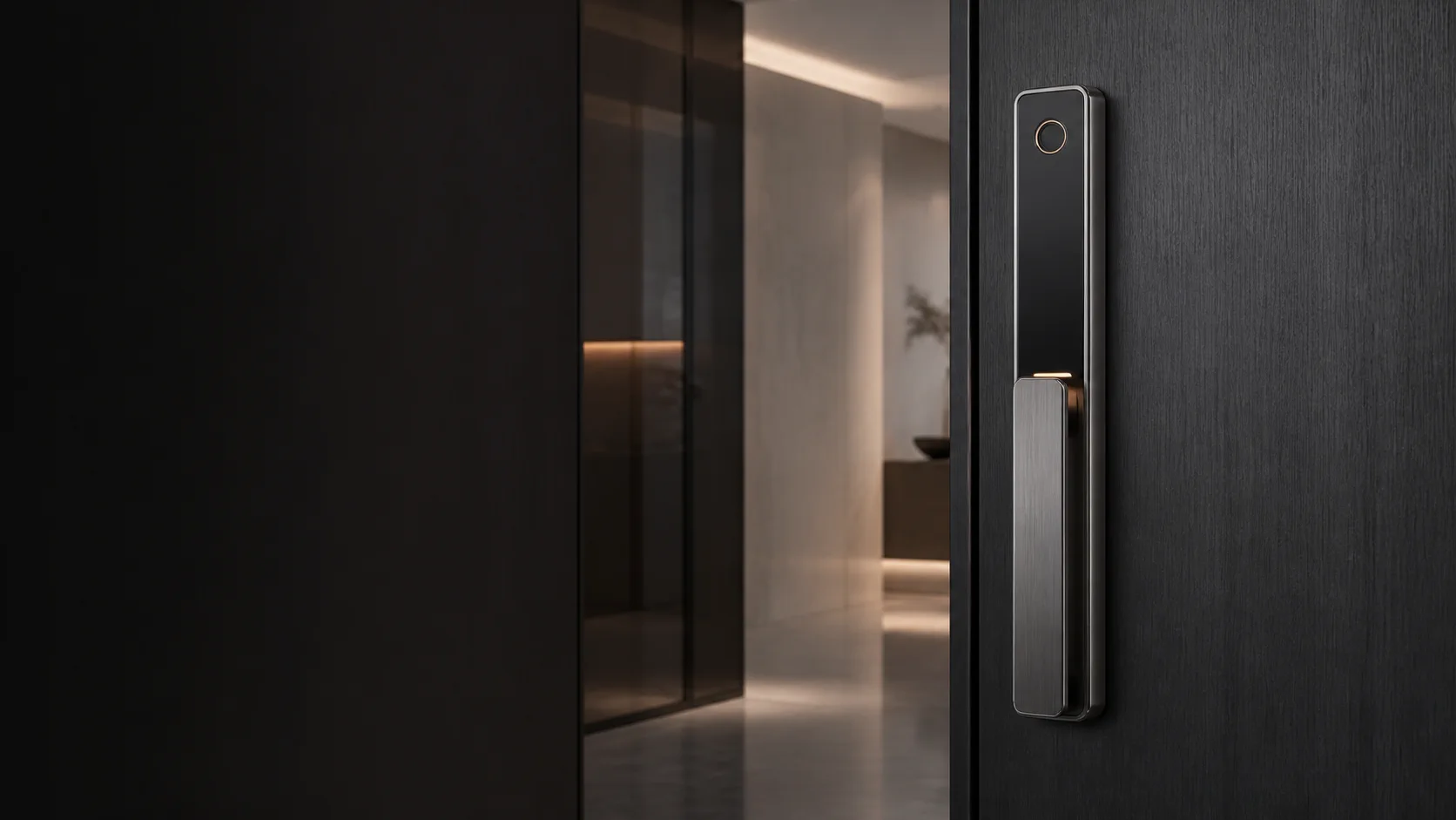Slim gunmetal fingerprint lock on a charcoal apartment door