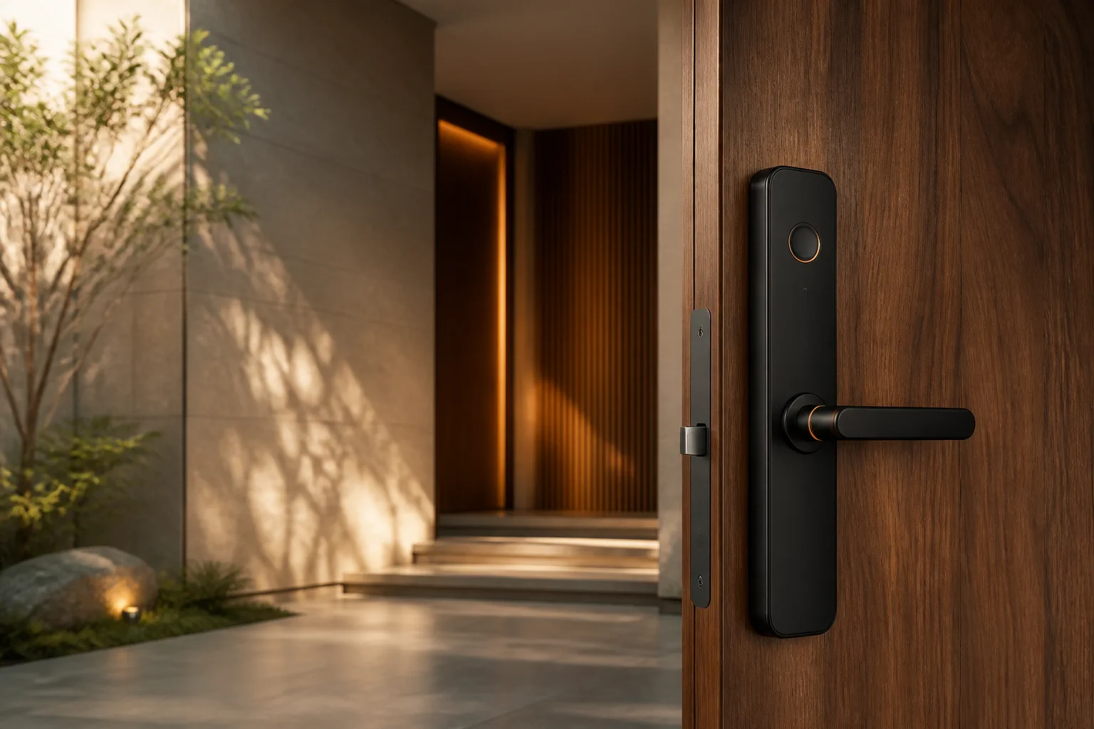Matte-black biometric smart lock on a walnut entrance door