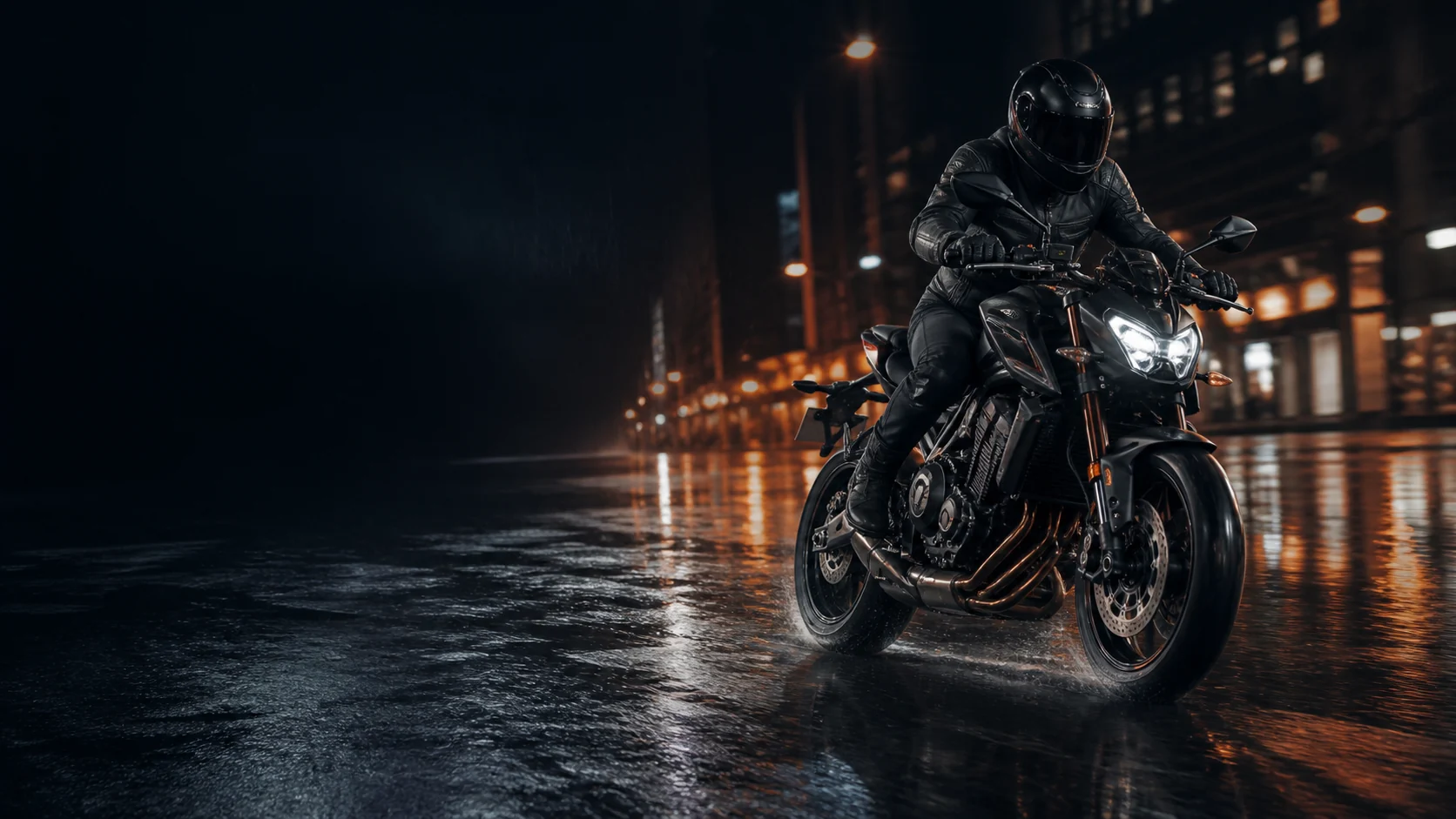 Naked motorcycle riding on a rain-lit city street at night