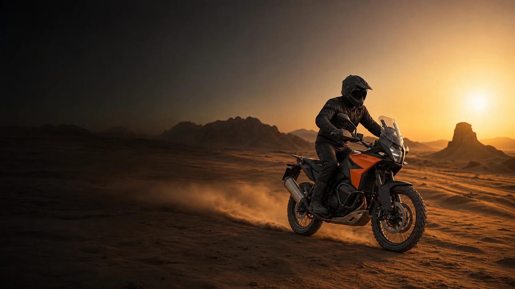 Adventure motorcycle crossing a desert at sunrise
