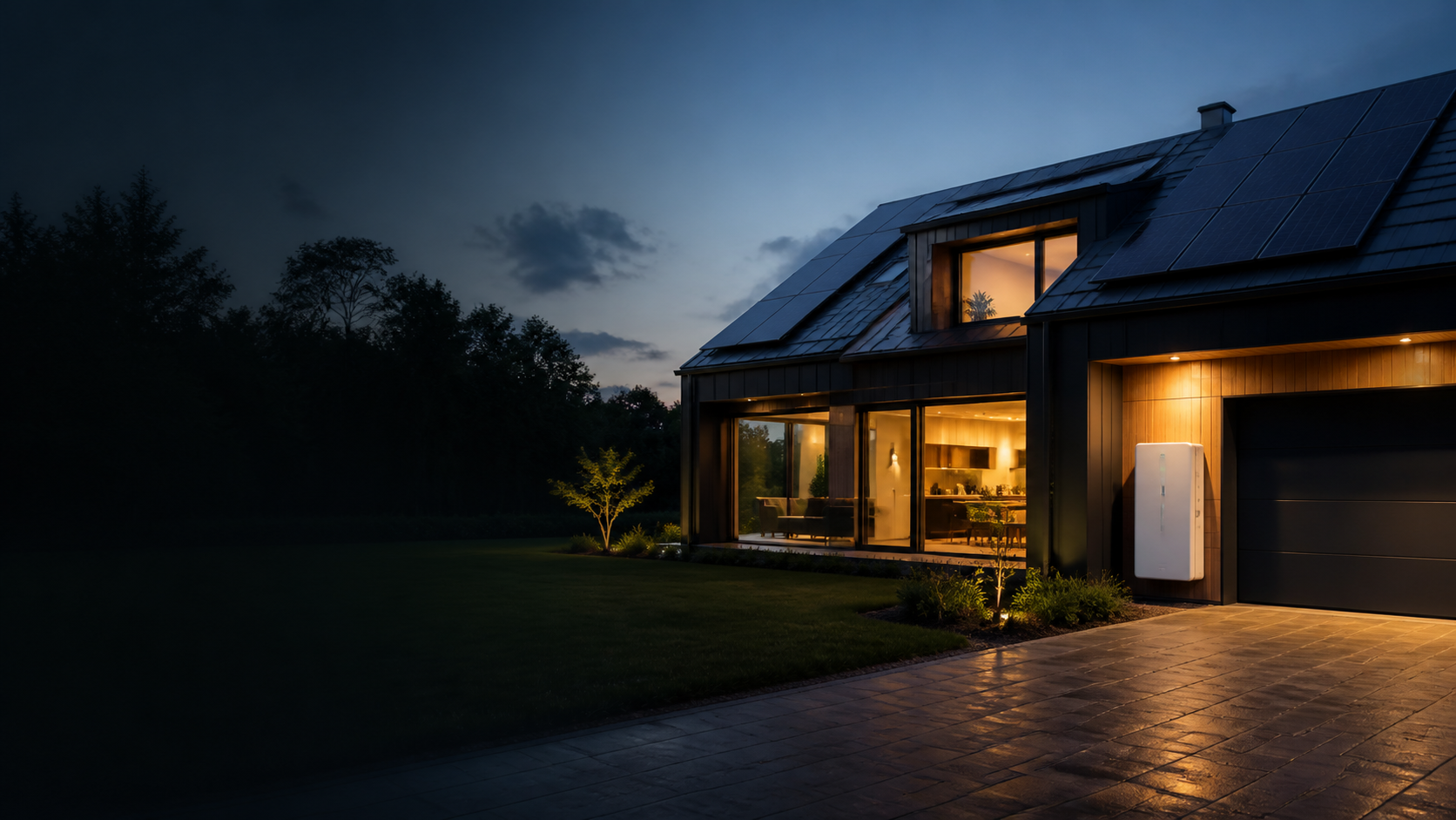 Solar-powered modern home with wall-mounted energy storage