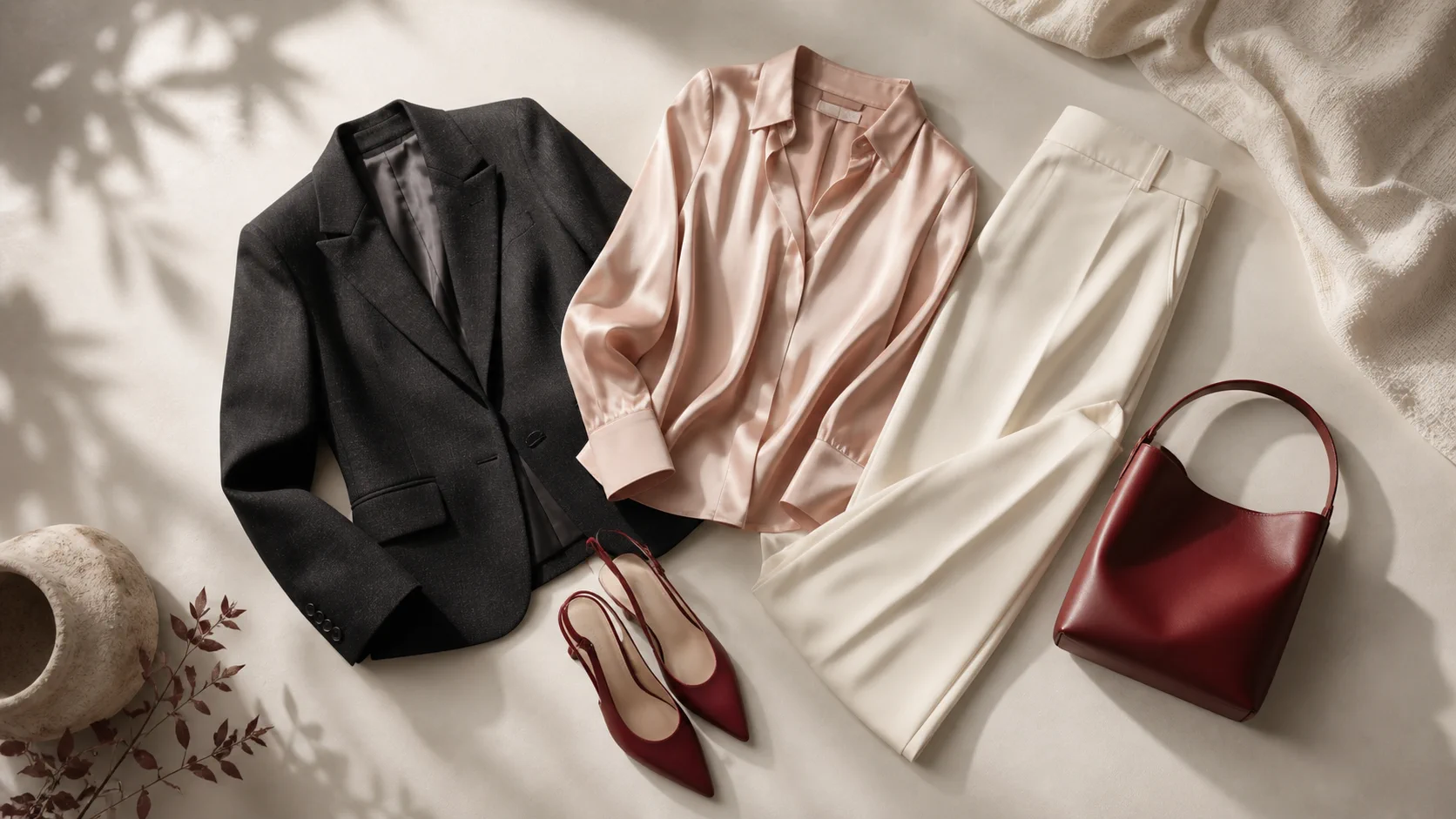Curated neutral wardrobe with deep red accessories