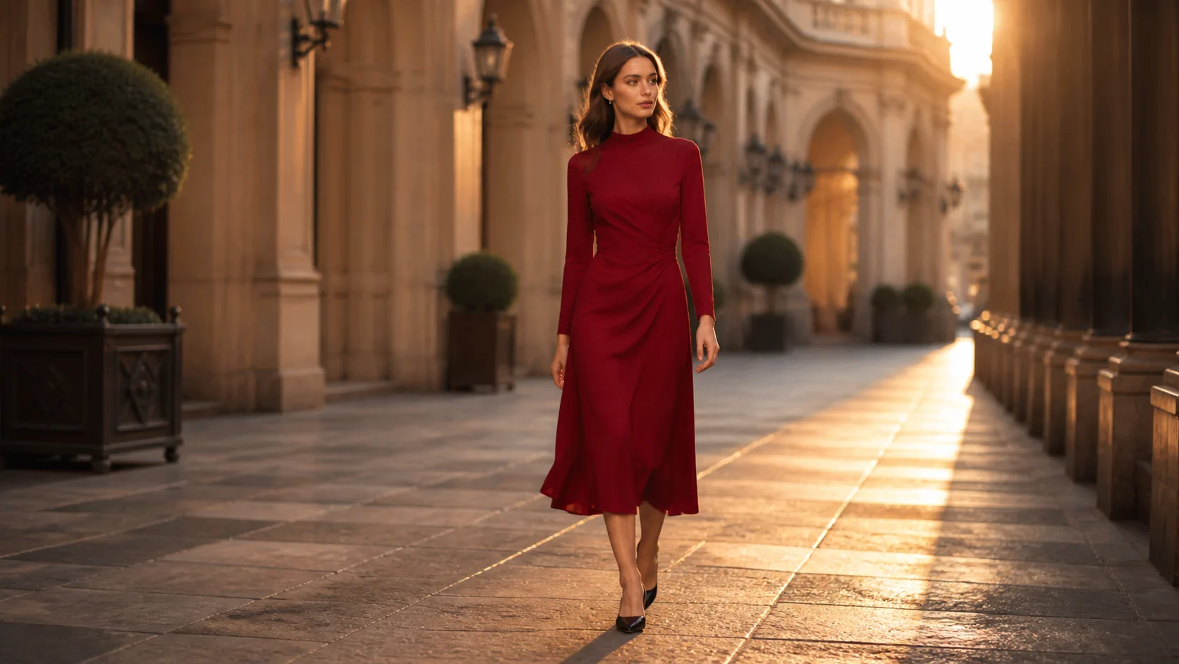 Model in a deep red dress walking through a sunlit arcade
