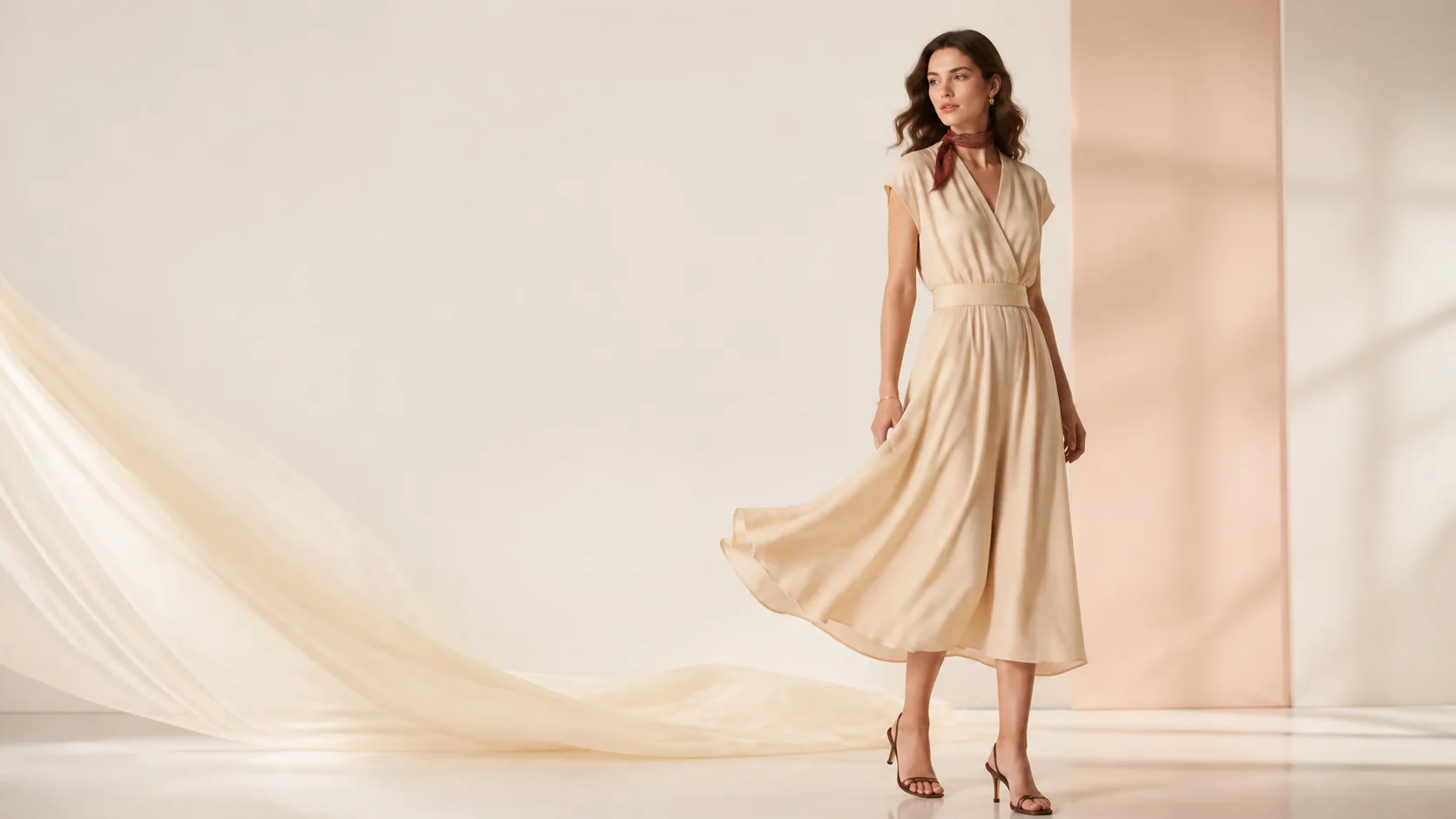 Model wearing a flowing champagne dress in a luminous studio