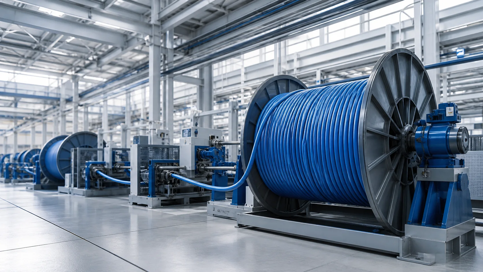 Blue cable reel on an advanced production line