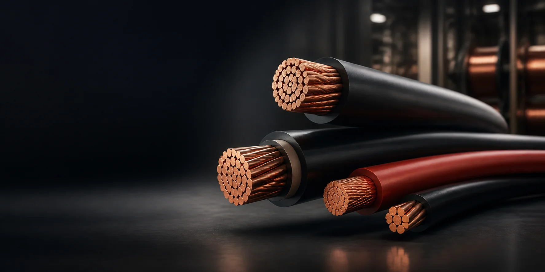 Finished industrial power cables revealing copper conductors