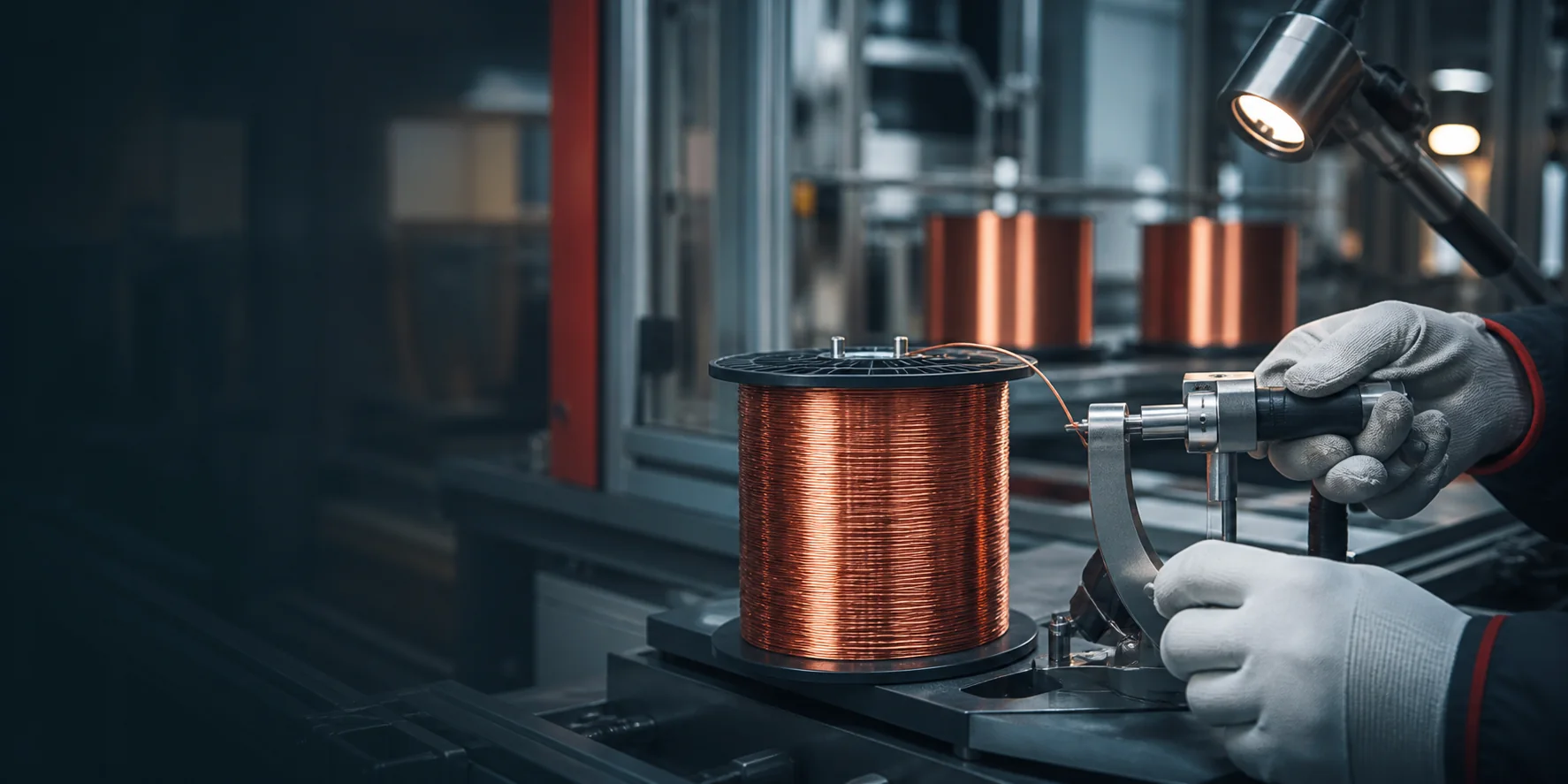 Quality technician inspecting fine copper wire on a spool