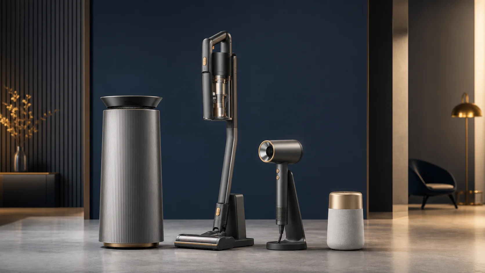 Coordinated premium smart home appliances in a navy and gold interior