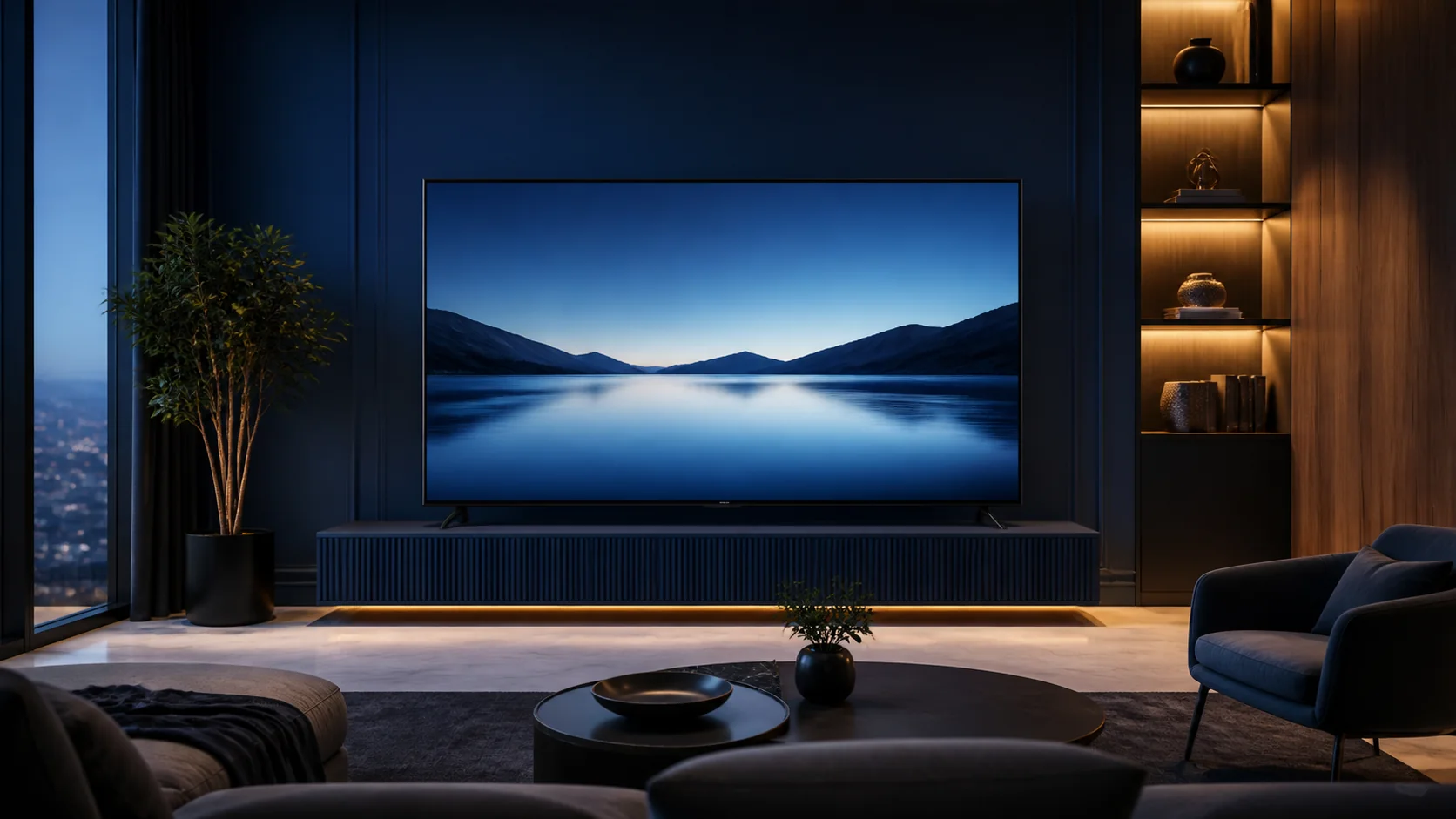 Premium smart television in a modern navy living room