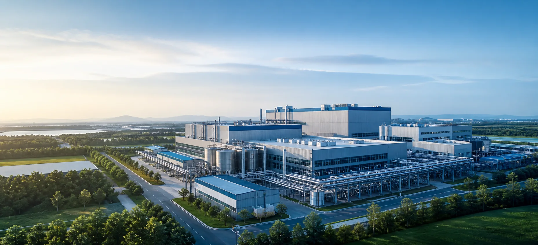 Modern industrial manufacturing campus at sunrise