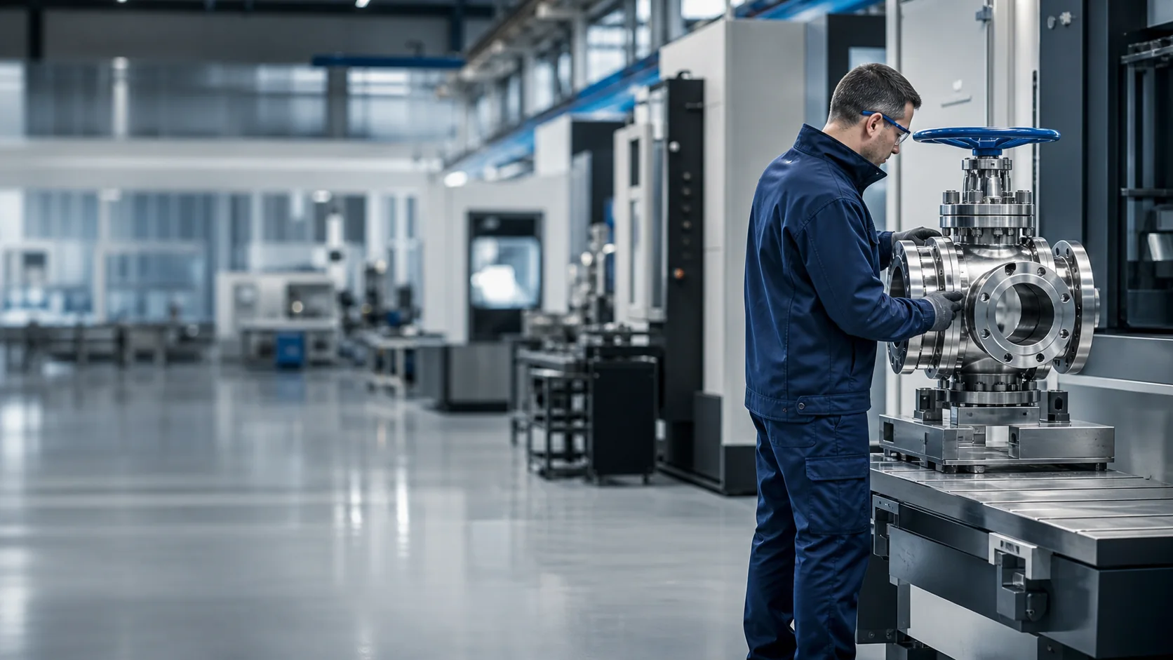 Engineer inspecting a precision valve in an advanced factory