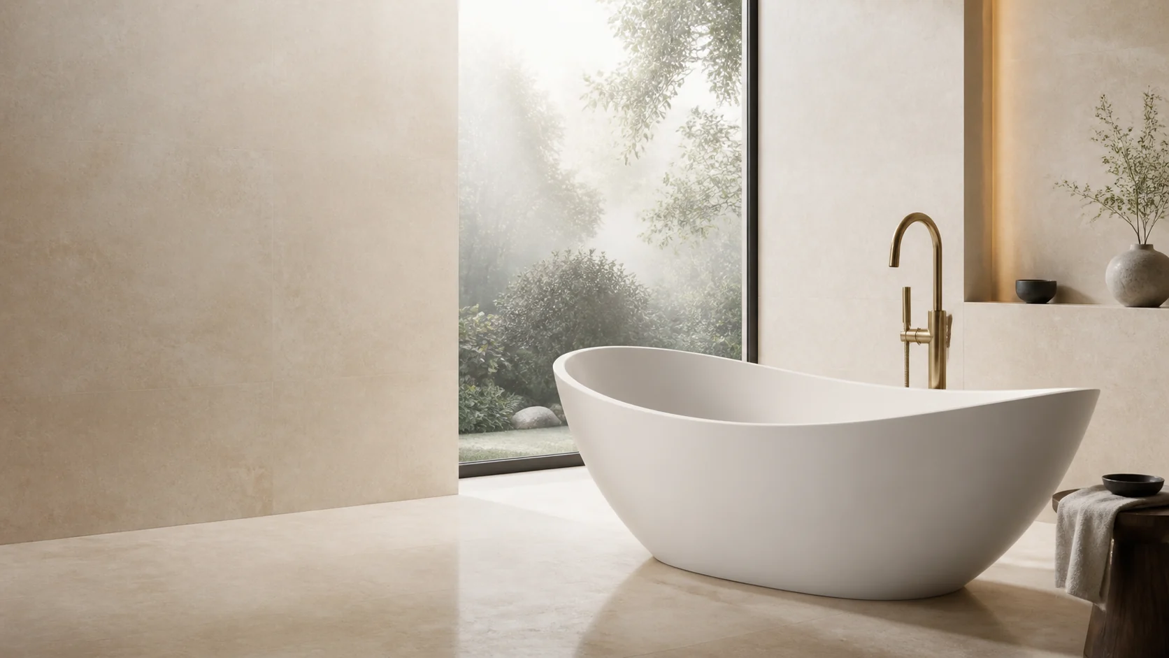Sculptural white stone bathtub in a serene limestone bathroom