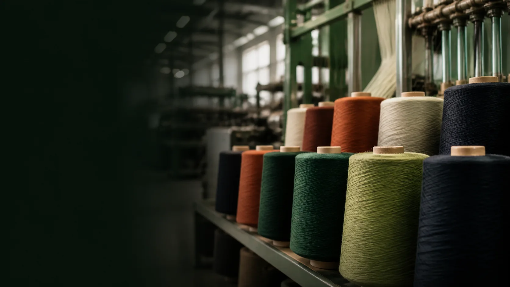 Colorful yarn cones arranged in a modern textile mill