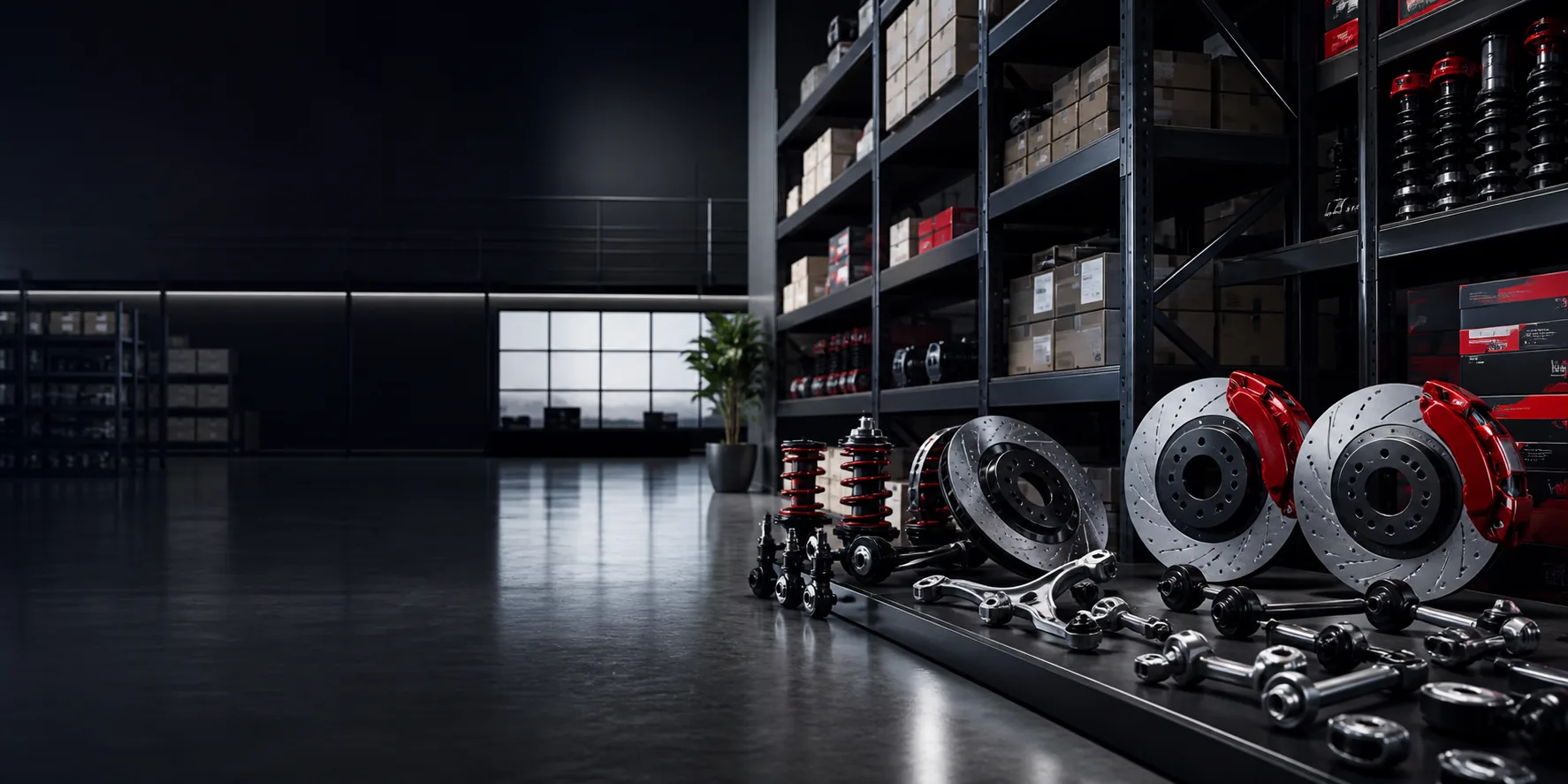 Organized premium automotive components in a modern distribution warehouse