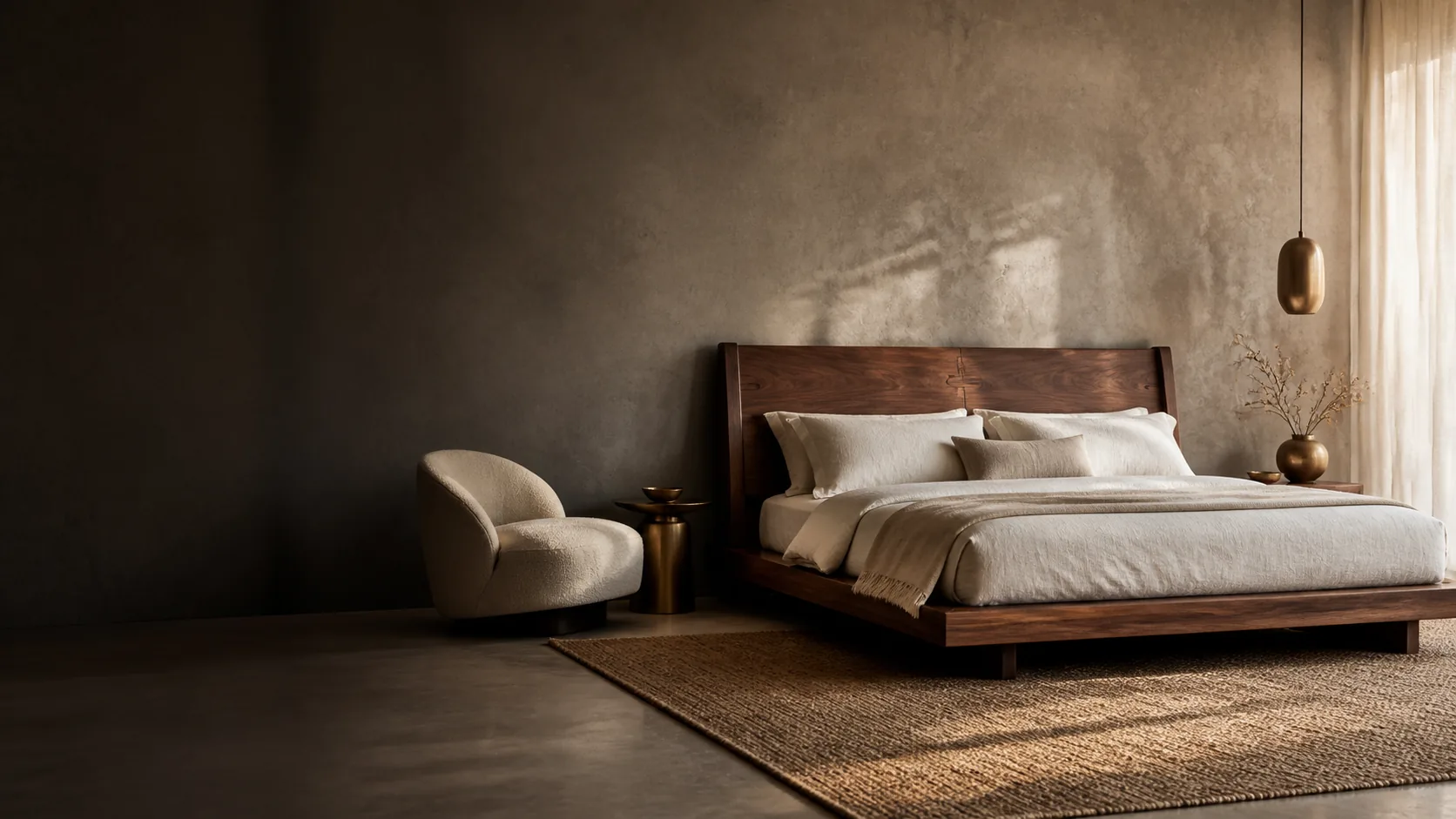 Walnut platform bed with ivory linen in a serene modern bedroom