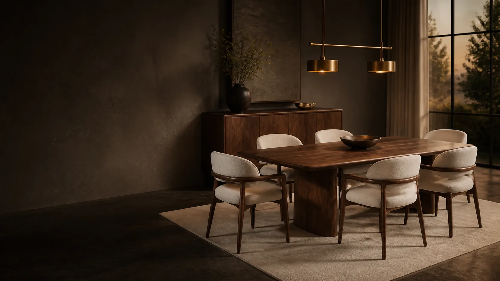 Crafted walnut dining table and upholstered chairs in a warm gallery-like interior
