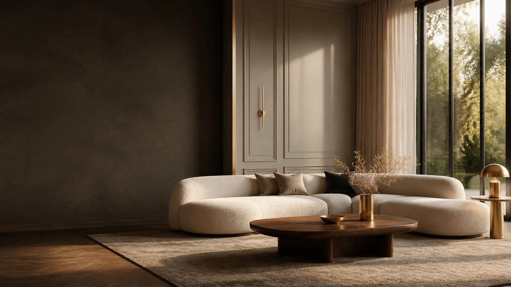 Ivory sectional sofa and walnut coffee table in a sunlit contemporary living room