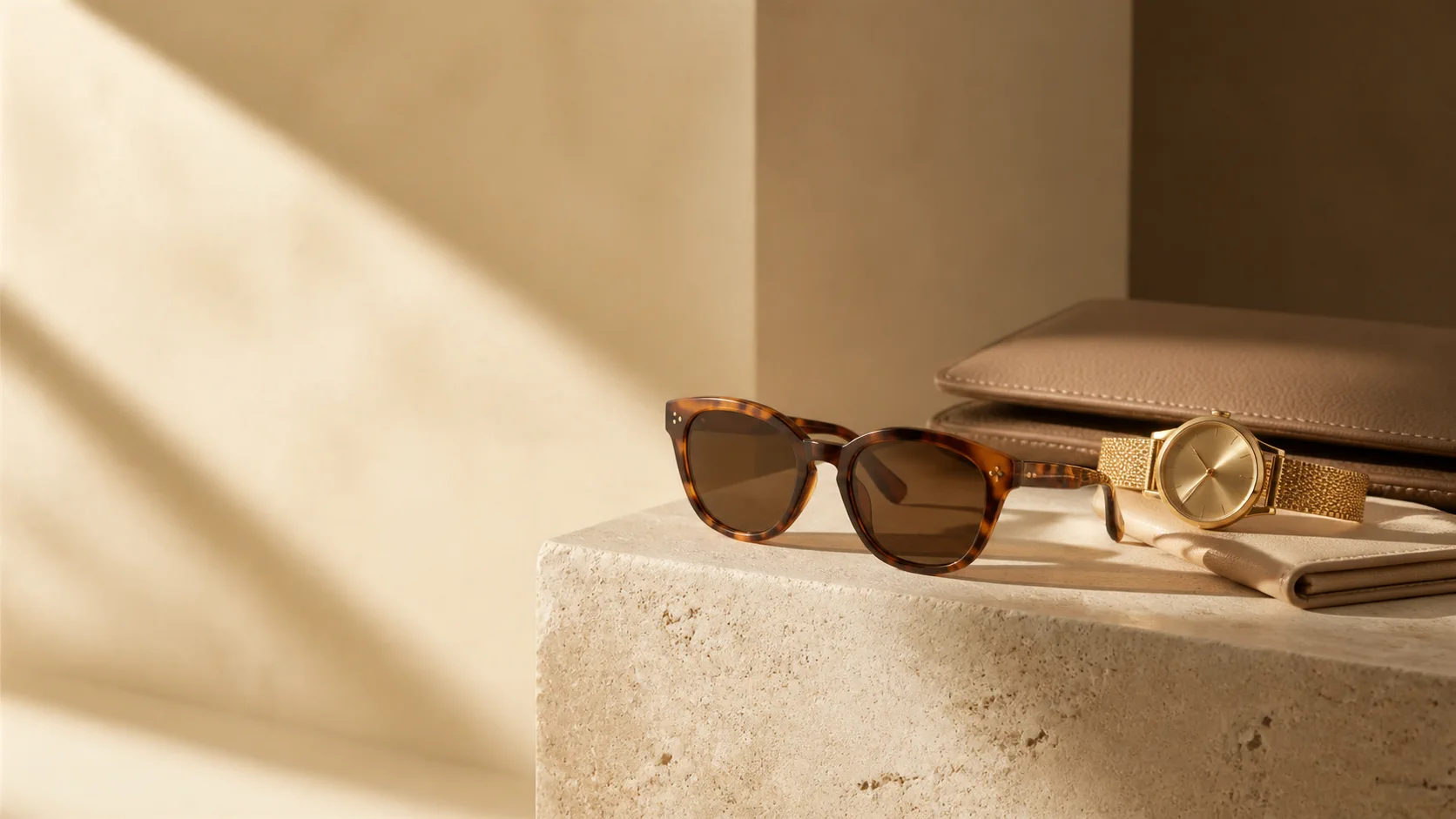 Tortoiseshell eyewear and gold watch arranged on ivory stone